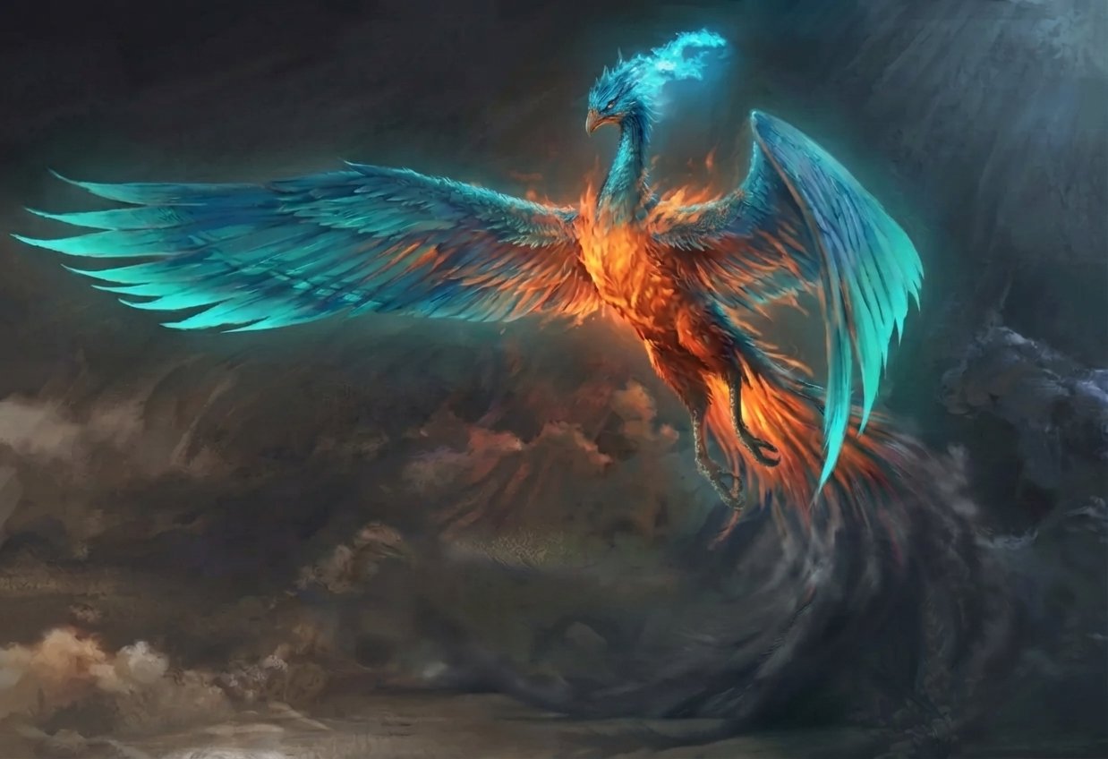 Phénix aux ailes turquoise renaissant des flammes, symbole de la marque Fonixia et de son agent vocal IA