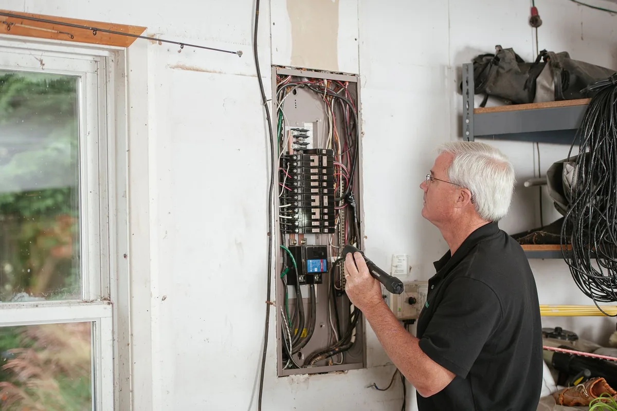 Électricien intervenant sur un tableau électrique lors d'un dépannage